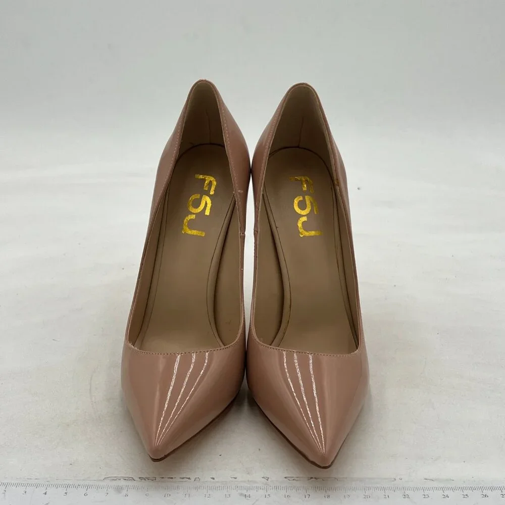 FSJ Nude Patent Pointed Toe Stiletto Heels